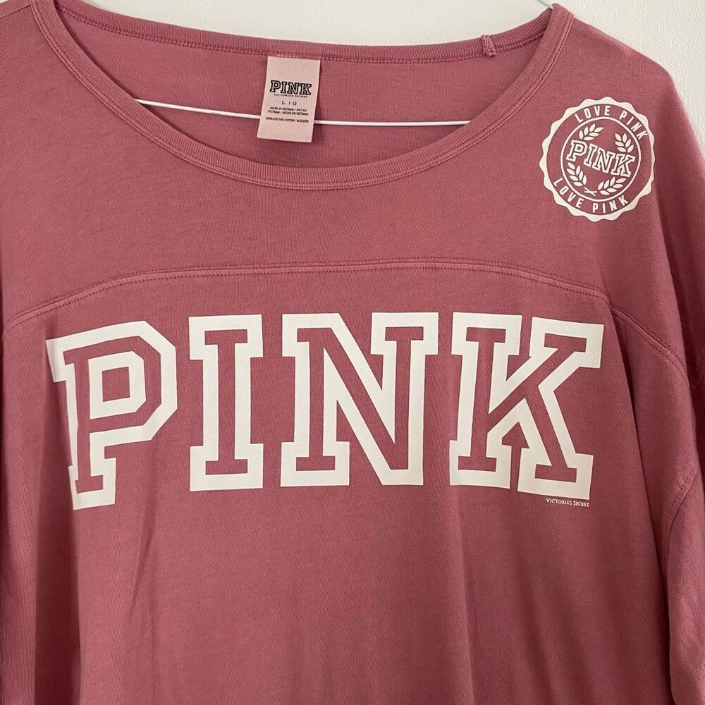 PINK Victoria’s Secret Oversized Logo Tee Large Pink 3/4 Sleeve Varsity Graphic - Picture 8 of 8